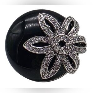 Bold Black Statement Ring Silver Crystal Flower Oversized Elegant Cocktail Ring